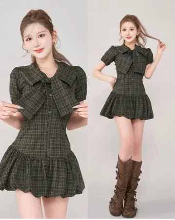 다리치 빅 리본 벌룬 체크 미니 원피스 다크 그린
