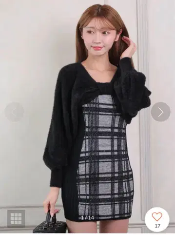 리본 페더 앙상블 니트 원피스 블랙