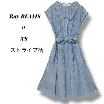 Ray BEAMS 반팔 셔츠 원피스 플레어 스트라이프 무늬 블루 리본