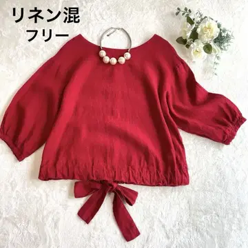 빨간색 7부 소매 리본 블라우스 셔츠 상의 겉옷 린넨 혼방 벌룬 소매 F