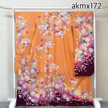 akmx172 순수 실크 후리소데 오렌지 펄 톤 가공 11호 꽃무늬