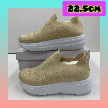 22.5cm 여성용 새상품 통굽 스톤 장식 슬립온 스니커즈 베이지