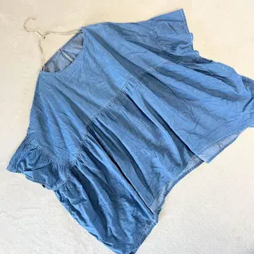 솔테카프 데님 블라우스 F 사이즈 블루 반팔 루즈한 체형 커버 캐주얼
