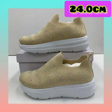 24.0cm 여성용 새상품 통굽 스톤 장식 슬립온 스니커즈 베이지