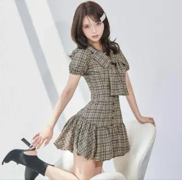 darich 다리치 빅 리본 벌룬 체크 미니 원피스