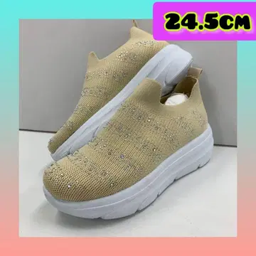 24.5cm 여성용 새상품 통굽 스톤 장식 슬립온 스니커즈 베이지