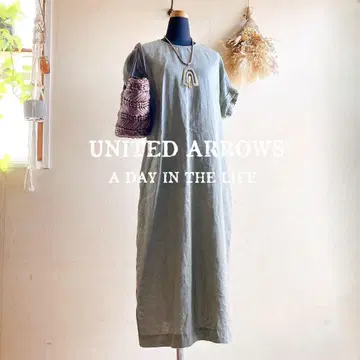 유나이티드 애로우즈 린넨 100% 프렌치 슬리브 원피스 카키