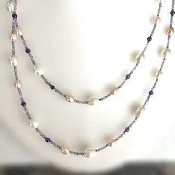 담수 진주, 자수정 2줄 목걸이 약 70cm
