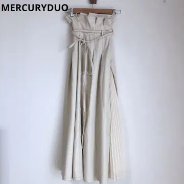 머큐리 듀오 롱 스커트 플리츠 끈 슬림 베이지 S