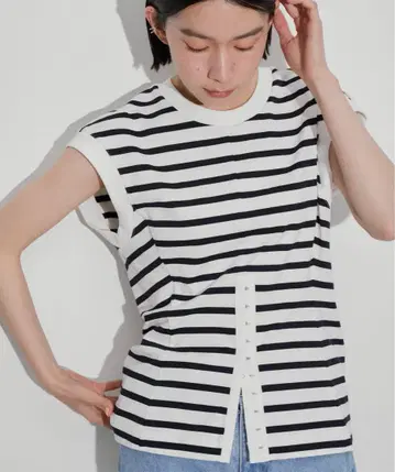 스트라이프 슬리브리스 티셔츠
