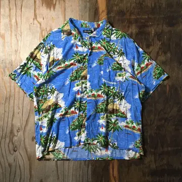 90s PURITAN 알로하 셔츠 반팔 블루 레이온 VINTAGE