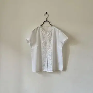 빈티지 60s 레이스 블라우스 반팔 화이트 레트로 보타이 리본 L