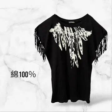 프린지 티셔츠 블랙 면 100 패턴 개성 레트로 U 넥 성숙 캐주얼 상의