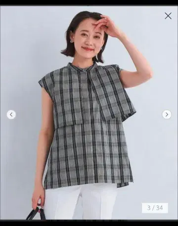 그린 라벨 도비 스트라이프 케이프 슬리브리스 셔츠 체크