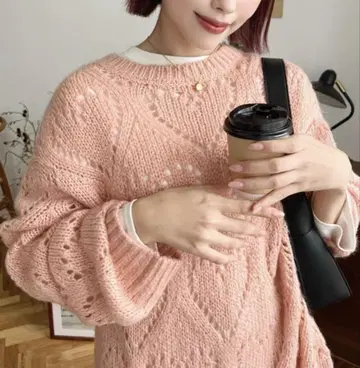 모헤어 혼방 하트 무늬 시스루 니트 풀오버 여성용