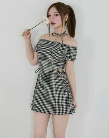 앤드메리 베키 체크 미니 드레스 블랙