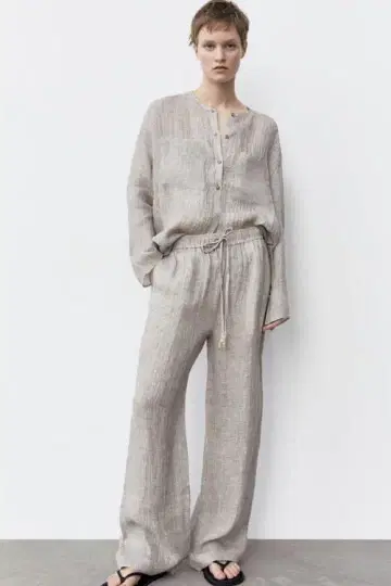 ZARA 자라 린넨 셋업 셔츠 블라우스 L 와이드 팬츠 S