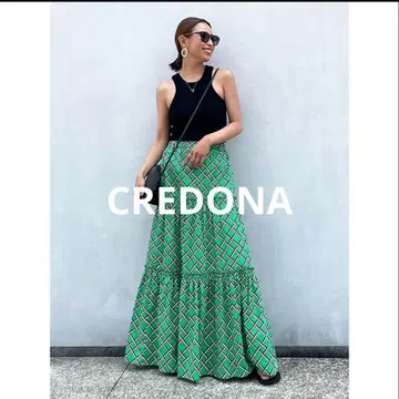 CREDONA 기하학 패턴 티어드 맥시 롱 스커트 그린 새상품급
