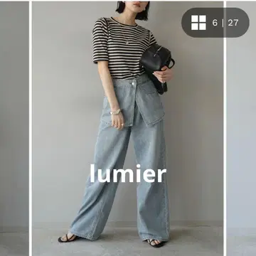코르셋이 있는 라이트 블루 데님 와이드 팬츠