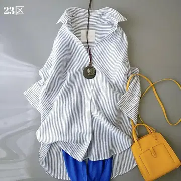 새상품급 23구 리베코 린넨 셔츠 7부 소매 블루 스트라이프 넉넉한 린넨