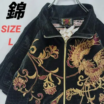 니시키 저리 트랙 자켓 반팔 자수 봉황 일본풍 패턴 남성용 블랙 L