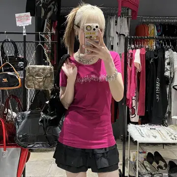 ARMANI 아르마니 라메 로고 피치 T 핑크 헤이세이 y2k