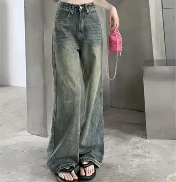 빈티지풍 루즈핏 데님 팬츠 스트레이트 실루엣 그린 파란색