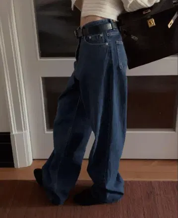 maybebaby 한국 브랜드 와이드 레그 데님 팬츠 다크 블루