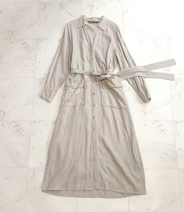 ZARA 자라 린넨 블렌드 벨트 셔츠 롱 원피스 골드 버튼