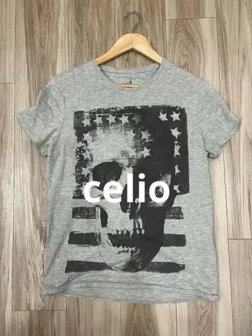 celio* (세리오) 스컬 성조기 프린트 티셔츠 그레이 M 락 티셔츠
