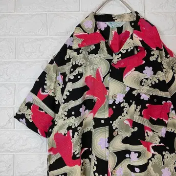 일본풍 패턴 알로하 셔츠 잉어 금붕어 올 패턴 레이온 M 블랙