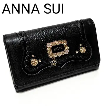 ANNA SUI 6연 키케이스 블랙 가죽 꽃무늬 금장 장식 심플