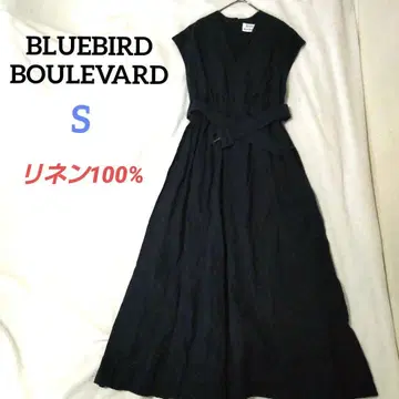 블루 버드 블루 버드 린넨 100% 맥시 원피스 V 넥 슬리브리스