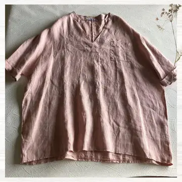 이탈리아제 린넨 100% 블라우스 넉넉한 5부 기장 핑크 티셔츠