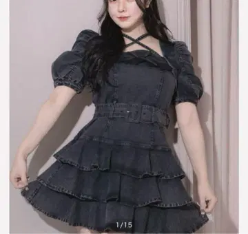pium 티어드 프릴 미니 원피스 반팔 데님