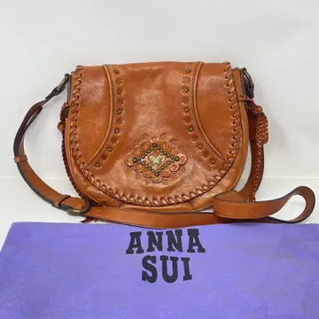 미사용 ANNA SUI 숄더백 가죽 꽃 브라운 스터드 꽃무늬