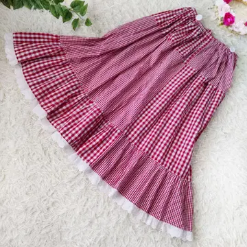 아마추날 롱 스커트 깅엄 체크 패치워크 프릴 버튼