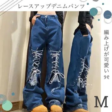 레이스업 데님 팬츠 M 레이스업 Y2K 스트릿 패션