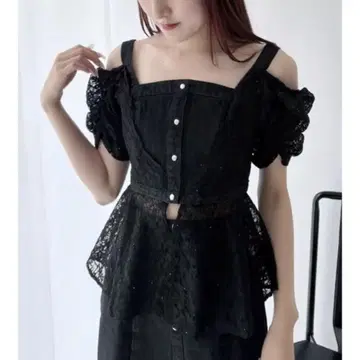 MERCURYDUO 레이스 레이어드 데님 상의 블랙 FREE