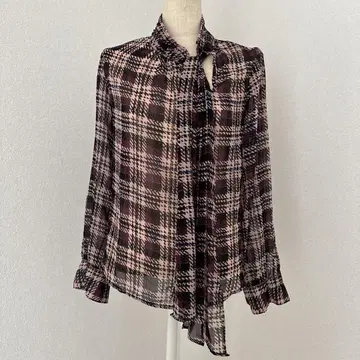 나라 까미체 체크 무늬 쉬폰 블라우스