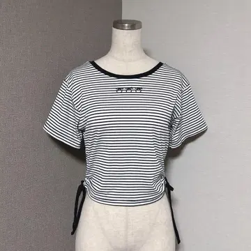 올리브 드 올리브 보더 리본 개더 리브 숏 티셔츠