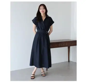 네이비 원피스 프렌치 슬리브 허리 마크