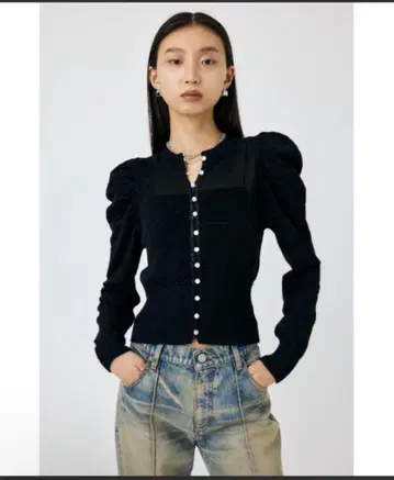MOUSSY 블랙 퍼프 슬리브 니트 가디건