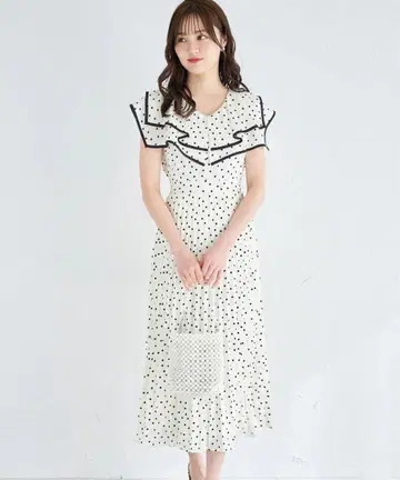 허리 리본 포함 플라워&도트 모듬 프린트 빅 칼라 플리츠 원피스