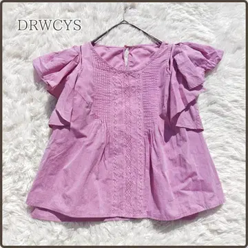 DRWCYS 프릴 소매 핀턱 레이스 자수 블라우스 면 플레어 핑크 M