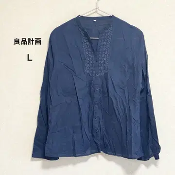 무인양품 긴팔 블라우스 레이스 V넥 네이비 L 면100% 봄/여름