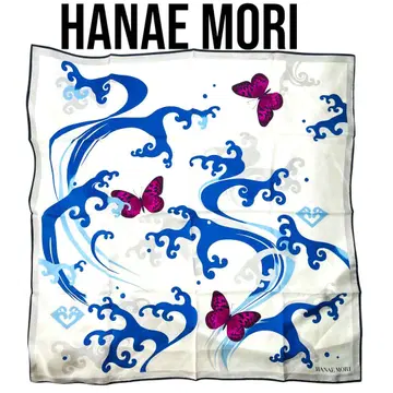 HANAEMORI 하나에모리 실크 스카프 파란 파도와 나비 빈티지