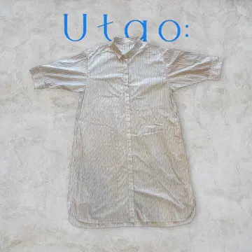 Utao: 우타오 스트라이프 롱 셔츠 원피스 반팔 화이트 블랙