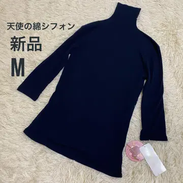 새상품 천사의 면 쉬폰 하이넥 컷소 7부 소매 M 사이즈 다크 네이비