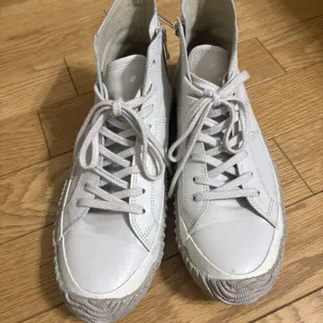 스핑글무브 화이트 가죽 지퍼 하이컷 스니커즈